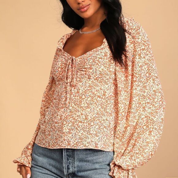 LULU’S Autumn Blooms Peach Floral Print Ruffled Long Sleeve Top - Picture 1 of 7